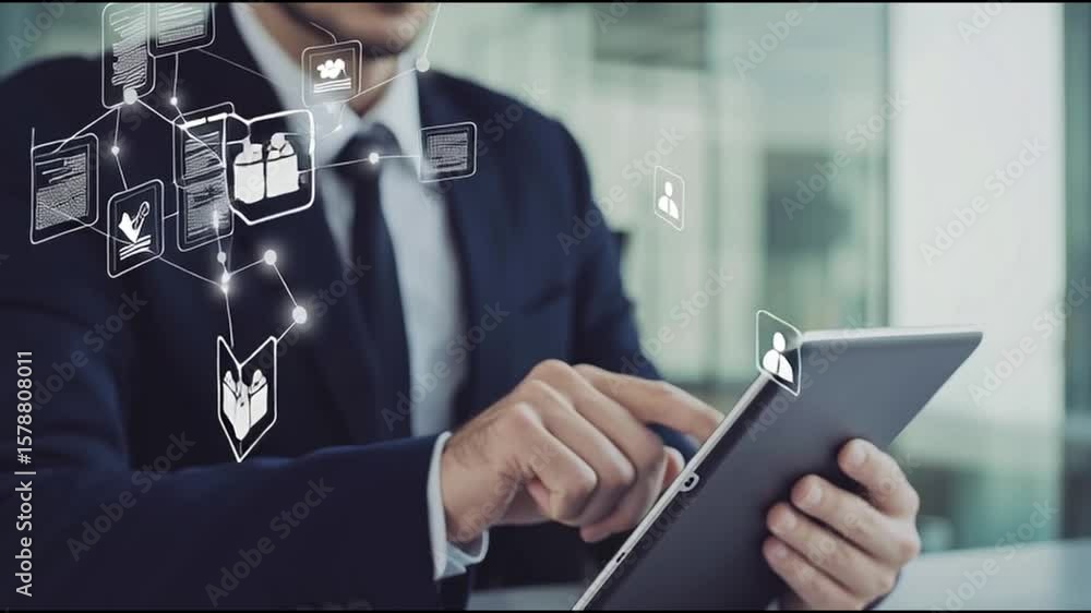 Aufkleber a business professional working on a tablet, with a complex network of connected digital icons overl
