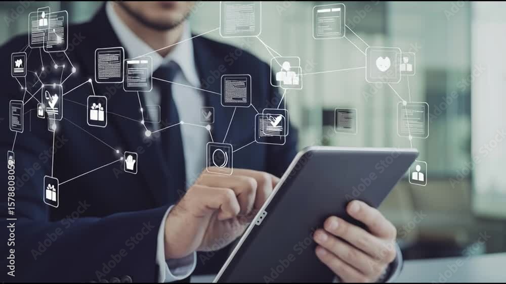 Aufkleber a businessman interacting with a tablet displaying business concepts and data visualization