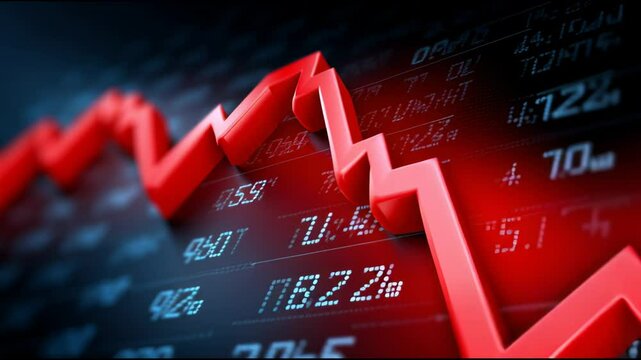 Red graph showing financial crisis and market crash with sharp decline, economic downturn, and red arrow collapse