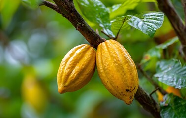 Two yellow cacao pods hanging from the tree