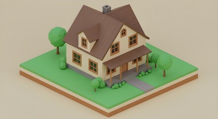 Modern Two-Storey House Exterior 3D Illustration. 