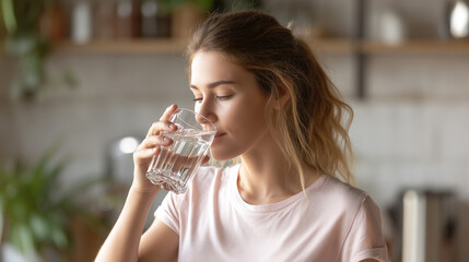 朝の自然光に包まれながら水を飲む女性のナチュラルな姿。健康や美容、生活習慣の提案に適したライフスタイル素材。 