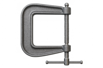 Metal c-clamp gripping surface, featuring adjustable screw and pivoting handle against clean white backdrop