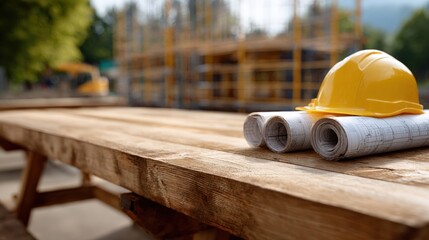 A yellow hard hat and rolled blueprints rest on a wooden table at a construction site, with scaffolding and trees in the background.
