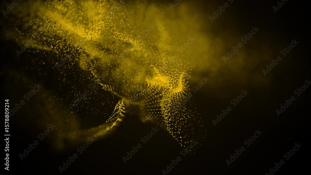 Poster yellow glitter particles flow dynamically to form abstract waves and nebula-like clouds with glowing