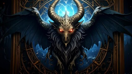 Majestic winged beast with horns, red eyes, dark fur, framed by ornate portal with blue lightning effect, fantastical creature - Powered by Adobe