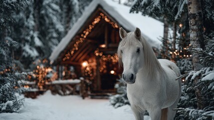 A white horse stands in a snowy forest near a log cabin adorned with festive lights, creating a serene winter scene.