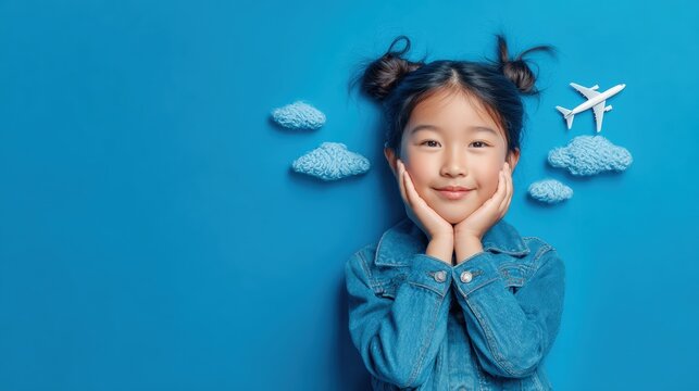 Smiling girl in a denim jacket with hands on cheeks, surrounded by fluffy clouds and a toy airplane on a blue background.