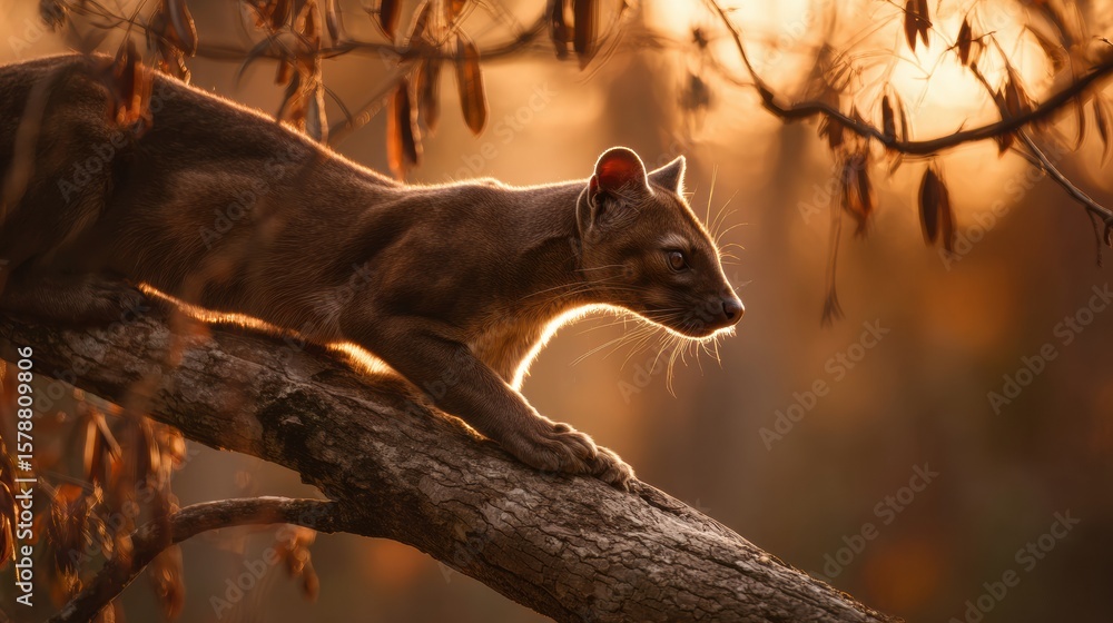 Poster fossa gracefully navigating tree branch at sunset with dramatic glow and warm tones in the backgroun