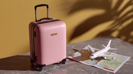Pink suitcase with a toy airplane on a map, set against a warm yellow background, symbolizing travel and adventure.