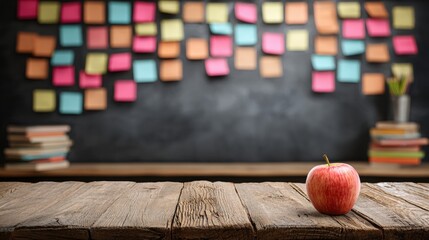A red apple sits on a wooden desk in front of a chalkboard covered with colorful sticky notes, surrounded by stacks of books, suggesting a classroom setting.