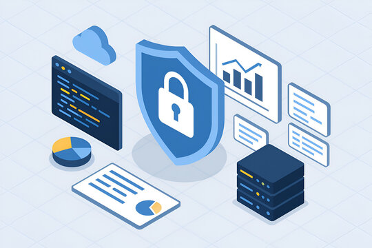 Flat Isometric Illustration of a Cybersecurity Dashboard &ndash; Shield, Lock Icon, Code, Server, and Analytics Graphs