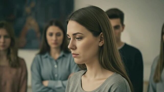 A woman feeling inferiority complex in group &ndash; insecurity and social anxiety among others