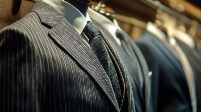 Elegant mens suits on hangers, showcasing a range of styles from business to formal.