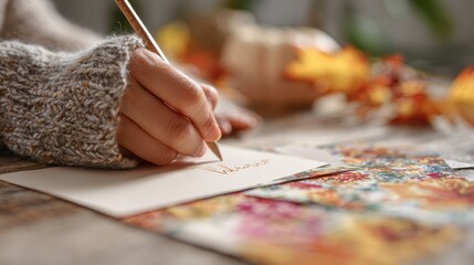 Writing thank you cards cozy home setting crafting activity autumn decor close-up perspective personal connection