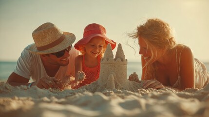 Happy family building a sandcastle on a sunny beach, enjoying a fun day together with smiles and laughter.
