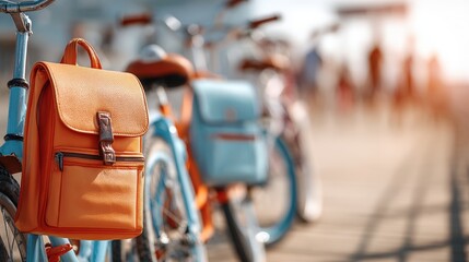 Obraz premium Orange backpack on a blue bicycle with blurred background of similar bikes and people in sunlight.
