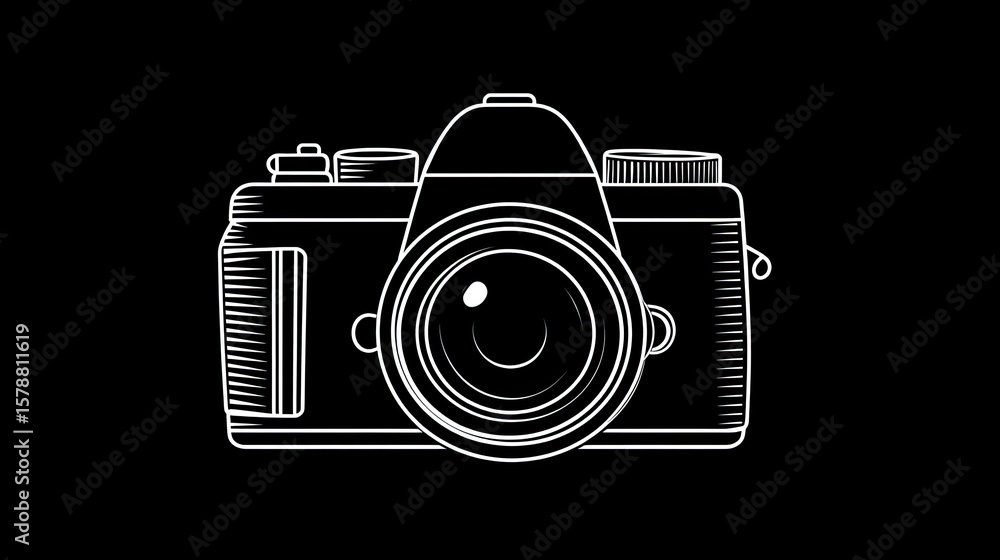 Poster a minimalist vector icon of a camera with clean lines is displayed.
