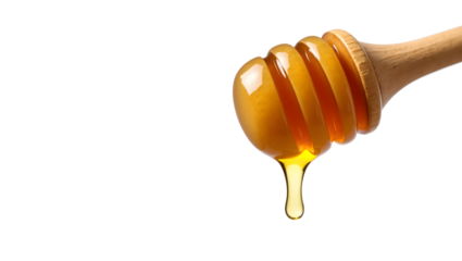 Golden natural honey dripping from wooden dipper isolated on black background, perfect for food packaging, health products, and advertisements