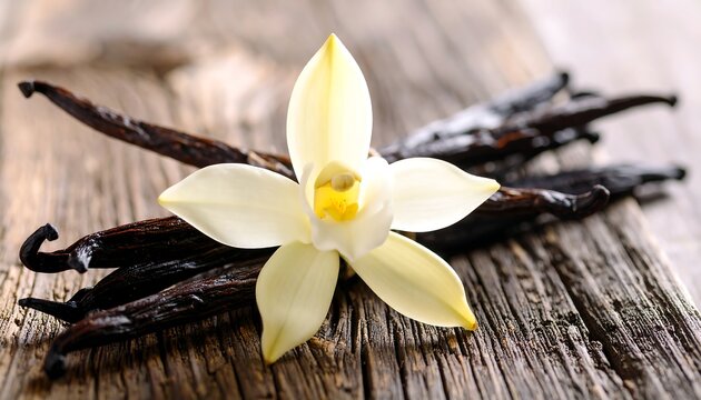 Vanilla pods and flower on rustic wood