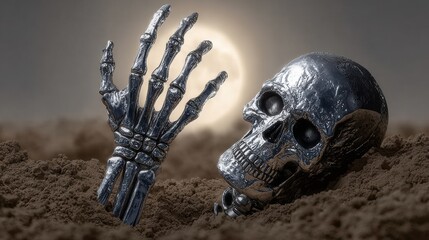 A metallic skull and hand emerge from the soil under a full moon, creating an eerie and surreal atmosphere.