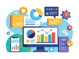 Business performance charts with magnifying icon