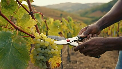 Harvesting grapes in a vineyard during golden hour for wine production at a scenic countryside location - Powered by Adobe