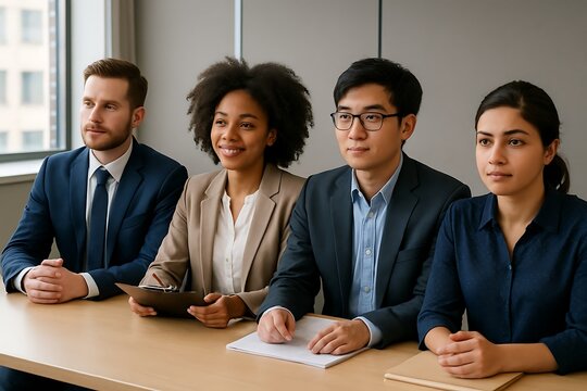 Diverse group of job candidates confidently waiting for their interview in a modern office, displaying professionalism and calm anticipation