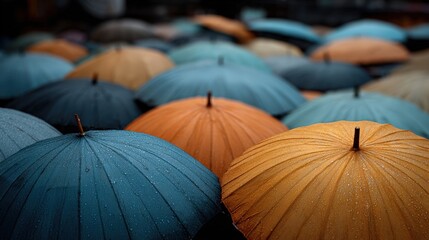 Close-up of colorful umbrellas with raindrops, creating a vibrant pattern and texture.