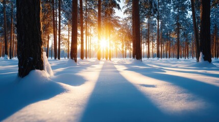 Sunlight filters through a snowy forest, casting long shadows on the pristine white ground, creating a serene winter landscape.