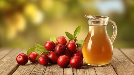 A glass pitcher of apple cider sits on a wooden table beside a pile of fresh red apples with leaves, set against a blurred natural background.