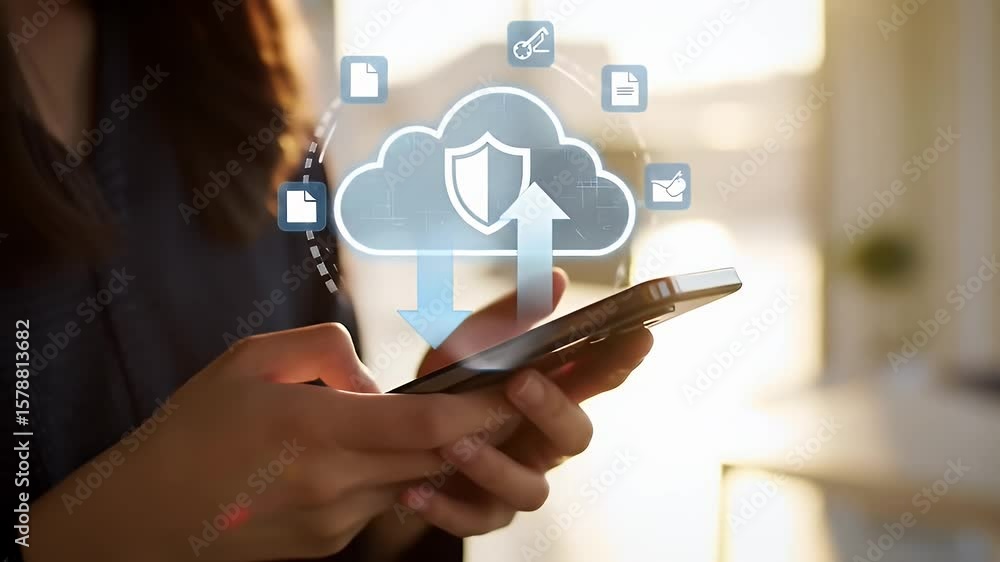 Poster woman syncing mobile data to cloud technology with digital file transfer and security icons on smart