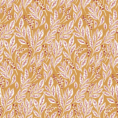 Seamless botanical pattern, abstract textile print of hand drawn foliage, small wild flowers. Artistic floral design with small leaves, twigs randomly on yellow background. Vector illustration. © Yulya i Kot
