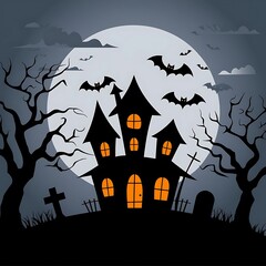 Spooky haunted house silhouette under a large full moon with bats flying and creepy trees