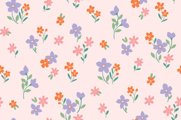 Seamless floral pattern, liberty ditsy print of gentle hand drawn plants in pastel colors. Cute botanical textile design of small daisy flowers, tiny leaves, pretty blooming field. Vector illustration