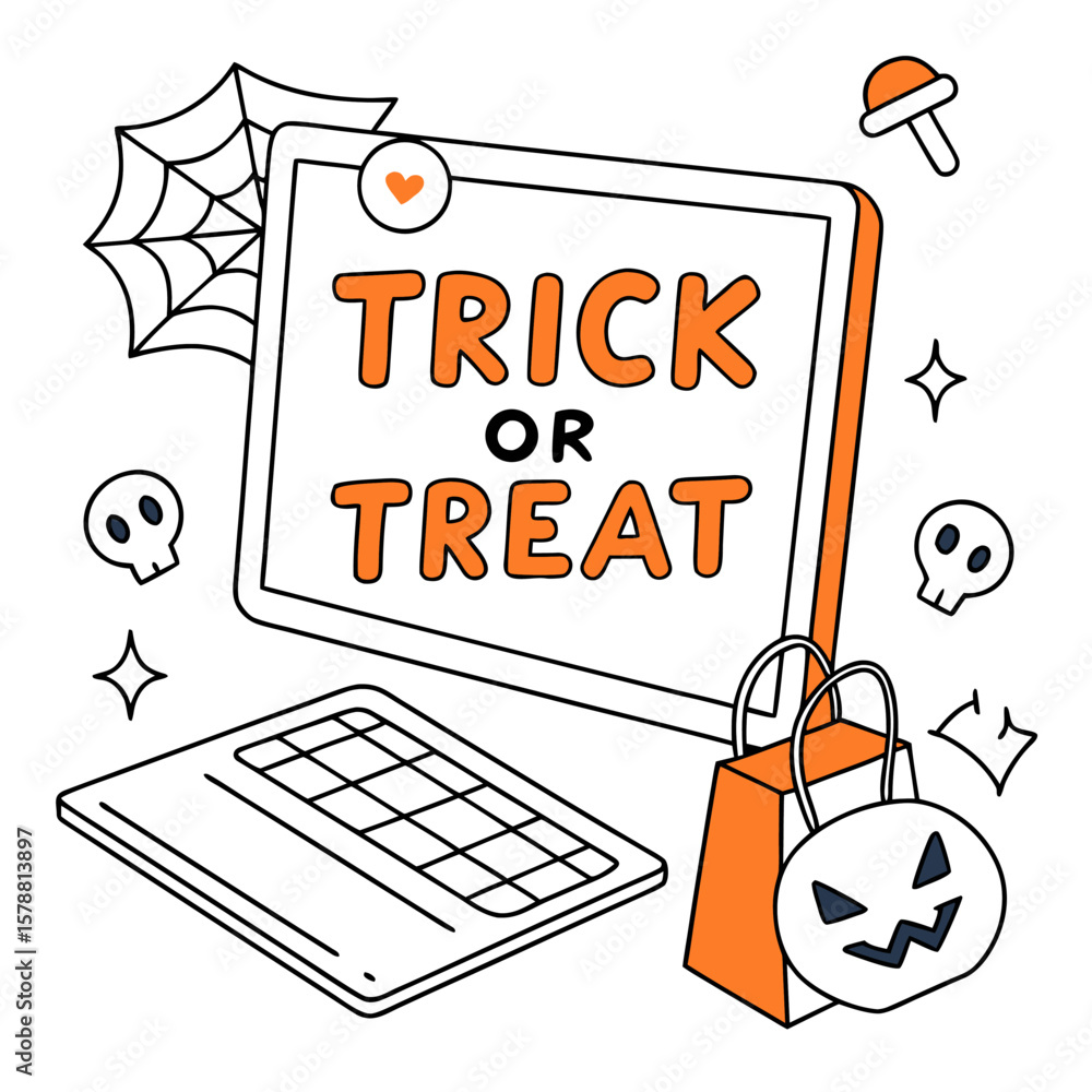 Fototapete digital halloween celebration with a laptop displaying trick or treat message surrounded by spooky i