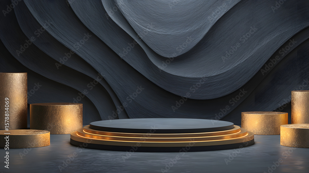 Poster beautiful black abstract luxury background with 3d texture of wavy lines with golden elements and sm