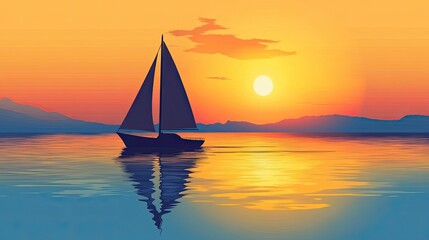 Fototapeta premium A small boat sails peacefully on a calm river, as shown in the illustration.