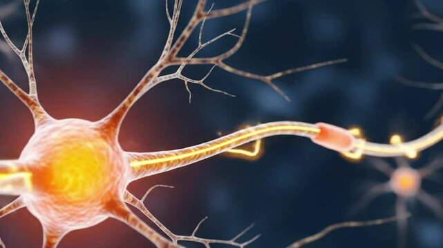 A detailed 3d rendering shows a neuron, or nerve cell, with its axon and dendrites highlighted against a dark blue background