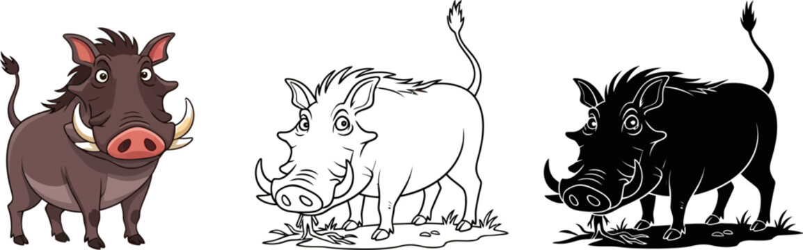 Three warthog illustrations in color, line art, and silhouette against a white background display