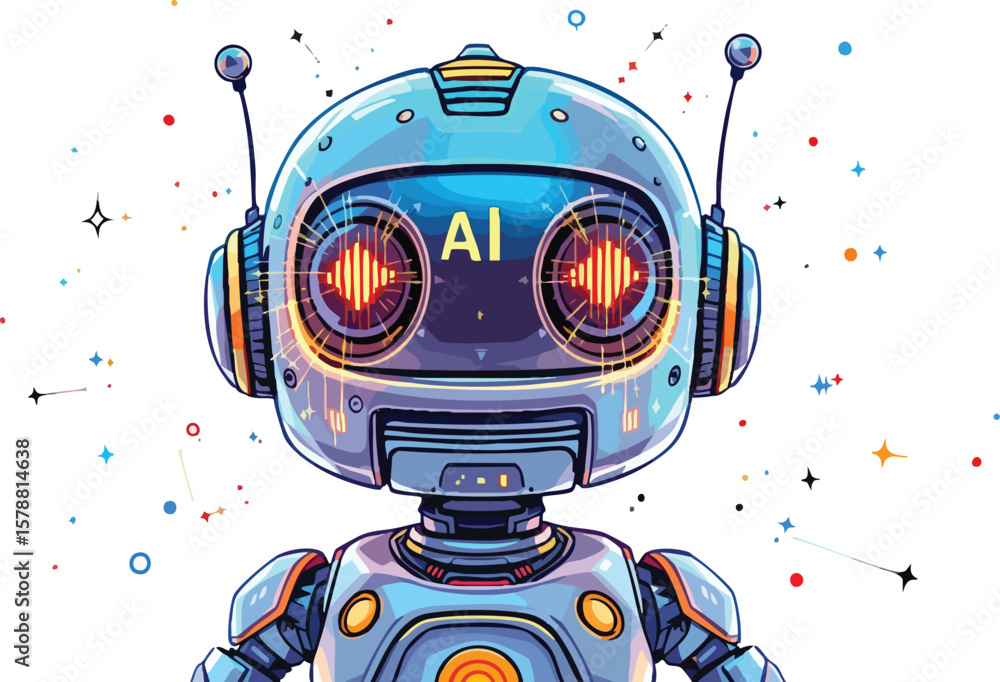 Poster animated blue robot with ai on screen and antennae depicting technological intelligence.
