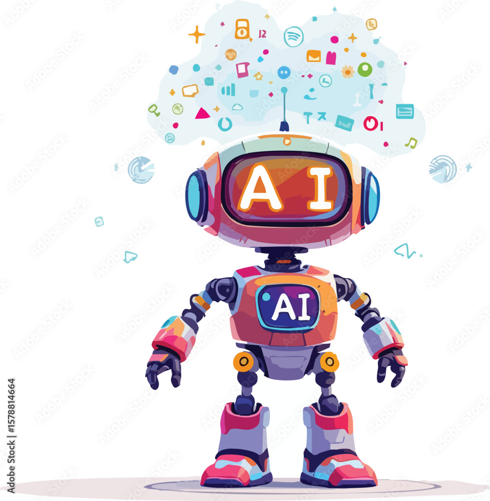 Aufkleber cartoon artificial intelligence robot with data cloud and modern technology icons.