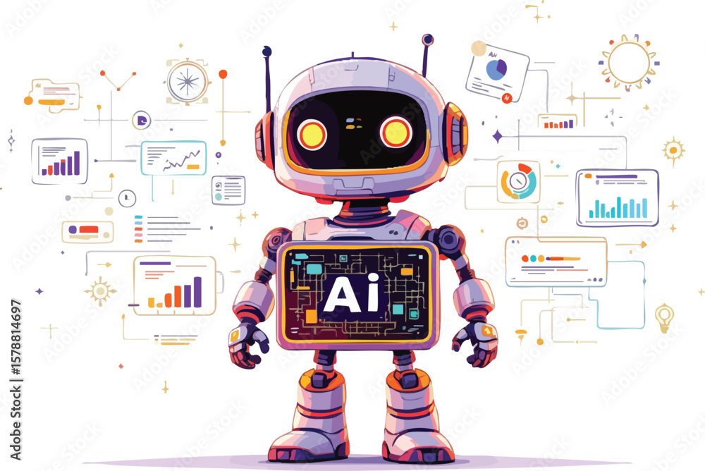 Poster cartoon robot with ai display analyzing data and modern technology concepts.