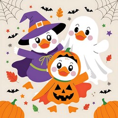 Three adorable cartoon ducks dressed in halloween costumes witch ghost and pumpkin