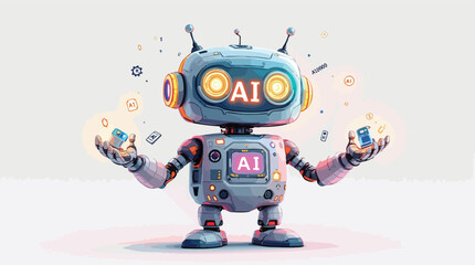 An adorable cartoon robot holding digital devices with glowing ai technology displayed.