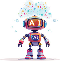 Cartoon artificial intelligence robot with data cloud and modern technology icons.