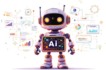 Cartoon robot with ai display analyzing data and modern technology concepts.