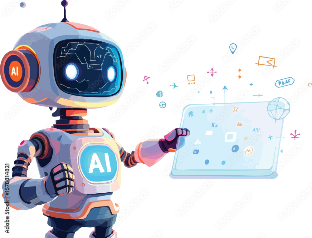 Poster cute ai robot displaying data and information on a transparent digital screen concept.