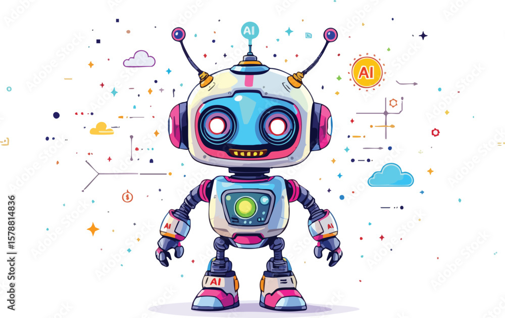 Poster cute and friendly robot character illustration with ai integration and futuristic technology element
