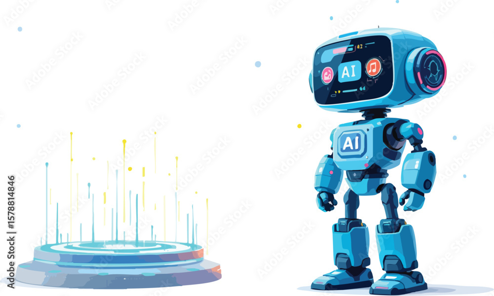 Aufkleber cute blue robot character with artificial intelligence concept and data visualization platform.